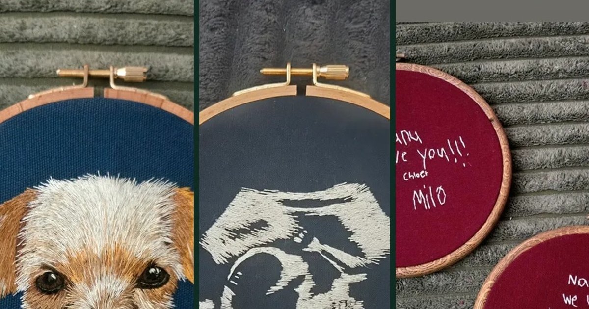 Custom pet portrait, ultrasound keepsake, and child's handwriting embroidery hoops on dark fabric