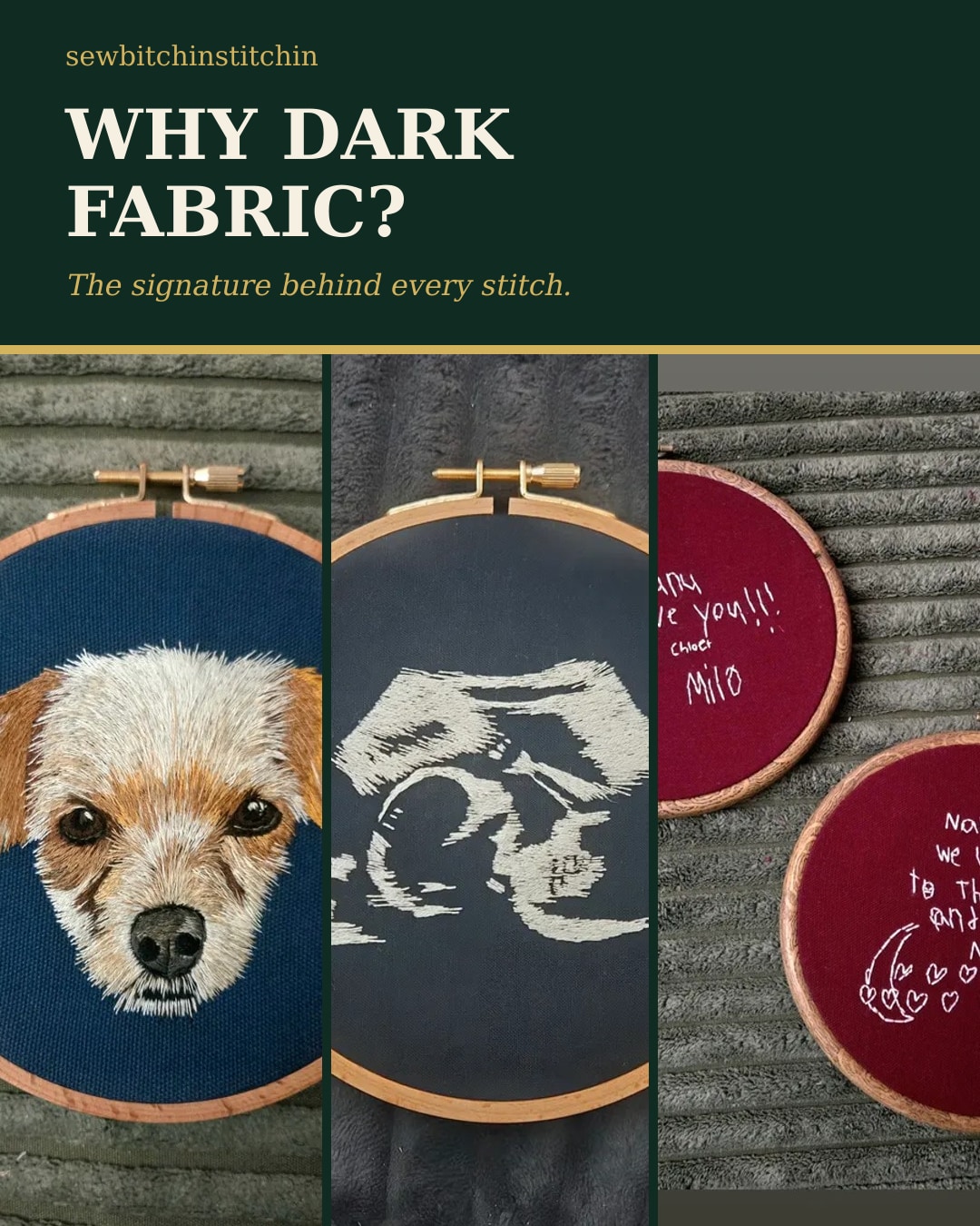 Three custom embroidery commissions on dark fabric: a pet portrait, ultrasound keepsake, and child's handwriting hoops